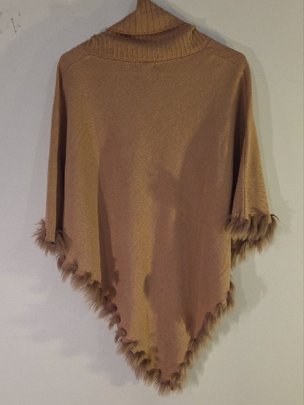 Alfani Taupe Cowl-Neck Faux-Fur Trim Poncho